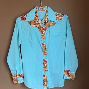 Women’s Western Style Shirt - Light Blue with Patterned Accents